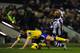 WEST BROMWICH, ENGLAND - JANUARY 20: West Brom player Nicolas Anelka (r) challenges Leighton Baines of Everton during the Barclays premier league match between West Bromwich Albion and Everton at The Hawthorns on January 20, 2014 in West Bromwich, Englan
