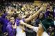 Jan 28, 2014; Baton Rouge, LA, USA; LSU Tigers guard Malik Morgan (24) celebrates with fans at Pete Maravich Assembly Center after defeating Kentucky 87-82. Mandatory Credit: Crystal LoGiudice-USA TODAY Sports
