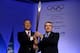 SOCHI, RUSSIA - FEBRUARY 06: UN Secretary General Ban Ki-moon (L) and International Olympic Committee (IOC) President Thomas Bach pose with the Olympic torch during a session of the IOC ahead of the Sochi 2014 Winter Olympics at the Radisson Blu hotel on