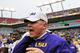 TAMPA, FL - JANUARY 1: Head coach Les Miles of the LSU Tigers celebrates after the final play against the Iowa Hawkeyes January 1, 2014 in the Outback Bowl at Raymond James Stadium in Tampa, Florida. LSU won 21 - 14. (Photo by Al Messerschmidt/Getty I