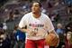 Feb 1, 2014; Auburn Hills, MI, USA; Philadelphia 76ers small forward Evan Turner (12) warms up before the game against the Detroit Pistons at The Palace of Auburn Hills. Mandatory Credit: Tim Fuller-USA TODAY Sports