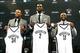 Jul 18, 2013; Brooklyn, NY, USA; From left Paul Pierce , Kevin Garnett and Jason Terry during a press conference to introduce them as the newest members of the Brooklyn Nets at Barclays Center. Mandatory Credit: Debby Wong-USA TODAY Sports