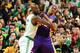 BOSTON, MA - FEBRUARY 7: Kevin Garnett #5 of the Boston Celtics battles for positioning against Dwight Howard #12 of the Los Angeles Lakers on February 7, 2013 at the TD Garden in Boston, Massachusetts. NOTE TO USER: User expressly acknowledges and agre