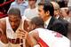 MIAMI, FL - JUNE 6: Head Coach Erik Spoelstra of the Miami Heat leads players Mike Miller #13, Chris Bosh #1 and Dwyane Wade #3 in a huddle before resuming play against the San Antonio Spurs during Game One of the 2013 NBA Finals on June 6, 2013 at Americ