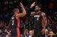 Feb 1, 2014; New York, NY, USA; Miami Heat small forward LeBron James (6) high fives Heat shooting guard Dwyane Wade (3) during the fourth quarter of a game against the New York Knicks at Madison Square Garden. The Heat defeated the Knicks 106-91. Mandato