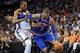 Apr 7, 2013; Oklahoma City, OK, USA; New York Knicks forward Carmelo Anthony (7) handles the ball against Oklahoma City Thunder forward Kevin Durant (35) during the second half at Chesapeake Energy Arena. Mandatory Credit: Mark D. Smith-USA TODAY Sports