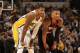 INDIANAPOLIS - FEBRUARY 7: Paul George #24 of the Indiana Pacers and Damian Lillard #0 of the Portland Trail Blazers share a word during the game at Bankers Life Fieldhouse on February 7, 2014 in Indianapolis, Indiana. NOTE TO USER: User expressly acknow