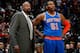 ATLANTA, GA - NOVEMBER 13: Mike Woodson of the New York Knicks looks on during free throws with Metta World Peace #51 against the Atlanta Hawks at Philips Arena on November 13, 2013 in Atlanta, Georgia. NOTE TO USER: User expressly acknowledges and agre