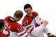 VANCOUVER, BC - FEBRUARY 28: Sidney Crosby #87 of Canada smiles along with Jarome Iginla #12 after the ice hockey men's gold medal game between USA and Canada on day 17 of the Vancouver 2010 Winter Olympics at Canada Hockey Place on February 28, 2010 in