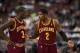 Oct 17, 2012; Philadelphia, PA, USA; Cleveland Cavaliers guard Kyrie Irving (2) talks with guard Dion Waiters (3) during the second quarter against the Philadelphia 76ers at the Wachovia Center. Mandatory Credit: Howard Smith-USA TODAY Sports
