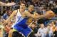 Jan 17, 2014; Oklahoma City, OK, USA; Golden State Warriors small forward Andre Iguodala (9) handles the ball against Oklahoma City Thunder center Steven Adams (12) during the second quarter at Chesapeake Energy Arena. Mandatory Credit: Mark D. Smith-USA
