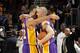 CLEVELAND, OH - FEBRUARY 5: Steve Blake #5 and Kendall Marshall #12 of the Los Angeles Lakers celebrate after a game against the Cleveland Cavaliers at The Quicken Loans Arena on February 5, 2014 in Cleveland, Ohio. NOTE TO USER: User expressly acknowled