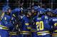SOCHI, RUSSIA - FEBRUARY 11: Members of Sweden team celebrate their 4-0 win over Germany during the Women's Ice Hockey Preliminary Round Group B game on day four of the Sochi 2014 Winter Olympics at Shayba Arena on February 11, 2014 in Sochi, Russia. (Ph
