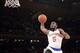 Feb 7, 2014; New York, NY, USA; New York Knicks shooting guard Tim Hardaway Jr. (5) dunks against the Denver Nuggets during the second half at Madison Square Garden. The New York Knicks won the game 117-90. Mandatory Credit: Joe Camporeale-USA TODAY Sport