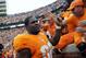 Oct 19, 2013; Knoxville, TN, USA; Tennessee Volunteers defensive lineman Daniel McCullers (98) reacts after defeating the South Carolina Gamecocks on a last second field goal at Neyland Stadium. Tennessee won 23 to 21. Mandatory Credit: Randy Sartin-USA