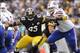Nov 10, 2013; Pittsburgh, PA, USA; Pittsburgh Steelers outside linebacker Jason Worilds (93) rushes the passer with Buffalo Bills tackle Erik Pears (79) blocking during the third quarter of a game at Heinz Field. Pittsburgh won the game 23-10. Mandatory C