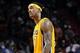 Jan 23, 2014; Miami, FL, USA; Los Angeles Lakers power forward Jordan Hill (27) looks on during the second half against the Miami Heat at American Airlines Arena. Mandatory Credit: Steve Mitchell-USA TODAY Sports