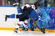 SOCHI, RUSSIA - FEBRUARY 12: Evelina Raselli #14 of Switzerland checks Saija Tarkki #20 of Finland during the Women's Ice Hockey Preliminary Round Group A game on day five of the Sochi 2014 Winter Olympics at Shayba Arena on February 12, 2014 in Sochi, R