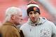 Dec 15, 2013; Cleveland, OH, USA; Cleveland Browns owner Jimmy Haslam, left, talks with quarterback Brian Hoyer (6) before a game against the Chicago Bears at FirstEnergy Stadium. Mandatory Credit: Ron Schwane-USA TODAY Sports