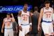 NEW YORK, NY - DECEMBER 16: Andrea Bargnani #77, Iman Shumpert #21 and Beno Udrih #18 of the New York Knicks walk on to the court following a timeout during the fourth quarter against the Washington Wizards at Madison Square Garden on December 16, 2013 i