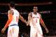 NEW YORK, NY - OCTOBER 25: Teammates J.R. Smith #8 and Amar'e Stoudemire #1 of the New York Knicks high five during a preseason game against the Charlotte Bobcats on October 25, 2013 at Madison Square Garden in New York City. NOTE TO USER: User expressly