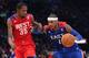 HOUSTON, TX - FEBRUARY 17: Carmelo Anthony #7 of the New York Knicks and the Eastern Conference drives on Kevin Durant #35 of the Oklahoma City Thunder and the Western Conference during the 2013 NBA All-Star game at the Toyota Center on February 17, 2013