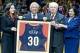 Nov 8, 2013; New Orleans, LA, USA; NBA commissioner David Stern (center) with New Orleans Pelicans owner Tom Benson (right) with his wife Gayle Benson and owner/vice chairman of the board Rita Benson LeBlanc (left) for a presentation honoring Stern's 30