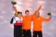 SOCHI, RUSSIA - FEBRUARY 12: (L-R) Silver medalist Denny Morrison of Canada, gold medalist Stefan Groothuis of the Netherlands and bronze medalist Michel Mulder of the Netherlands celebrate during the flower ceremony for the Men's 1000m Speed Skating ev