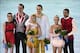 Feb 12, 2014; Sochi, RUSSIA; Tatiana Volosozhar and Maxim Trankov (RUS) (center), Ksenia Stolbova and Fedor Klimov (RUS) (left), and Bronze medalists Aliona Savchenko and Robin Szolkowy (GER) celebrate winning the gold, silver, and bronze medals, respecti