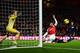 LONDON, ENGLAND - FEBRUARY 12: Olivier Giroud (R) of Arsenal misses a chance during the Barclays Premier League match between Arsenal and Manchester United at the Emirates Stadium on February 12, 2014 in London, England. (Photo by Michael Regan/Getty Im