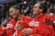 Mar 10, 2012; Chicago, IL, USA; Chicago Bulls point guard Derrick Rose (1) and center Joakim Noah (13) on the bench during the second half against the Utah Jazz at the United Center. The Bulls beat the Jazz 111-97. Mandatory Credit: Rob Grabowski-USA TODA