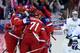 SOCHI, RUSSIA - FEBRUARY 13: Ilya Kovalchuk #71 of Russia celebrates scoring a goal in the second period with Alexander Ovechkin #8 and Andrej Markov #79 against Slovenia during the Men's Ice Hockey Preliminary Round Group A game on day six of the Sochi