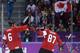 SOCHI, RUSSIA - FEBRUARY 13: Shea Weber #6 of Canada celebrates with his teammate Sidney Crosby #87 after scoring a goal in the second period against Lars Haugen #30 of Norway during the Men's Ice Hockey Preliminary Round Group B game on day six of the S