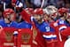 SOCHI, RUSSIA - FEBRUARY 13: Fyodor Tyutin #51 of Russia celebrates with teammates after defeating Slovenia 5-2 during the Men's Ice Hockey Preliminary Round Group A game on day six of the Sochi 2014 Winter Olympics at Bolshoy Ice Dome on February 13, 201