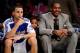 LOS ANGELES, CA - FEBRUARY 18: Stephen Curry #30 of the Golden State Warriors and the Sophomore Team sits next to Carmelo Anthony of the Denver Nuggets as his son Kiyan Carmelo Anthony is between them during the T-Mobile Rookie Challenge and Youth Jam at