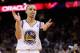 Jan 24, 2014; Oakland, CA, USA; Golden State Warriors guard Stephen Curry (30) reacts after the Warriors made a three-point basket against the Minnesota Timberwolves in the fourth quarter at Oracle Arena. The Timberwolves defeated the Warriors 121-120. Ma