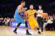 LOS ANGELES, CA - FEBRUARY 13: Kendall Marshall #12 of the Los Angeles Lakers dribbles against Thabo Sefolosha #25 of the Oklahoma City Thunder at Staples Center on February 13, 2014 in Los Angeles, California. NOTE TO USER: User expressly acknowledges an