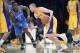 Feb 13, 2014; Los Angeles, CA, USA; Los Angeles Lakers guard Steve Blake (5) handles the ball defended by Oklahoma City Thunder guard Reggie Jackson (15) during the first quarter at the Staples Center. Mandatory Credit: Kelvin Kuo-USA TODAY Sports