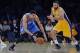 Feb 13, 2014; Los Angeles, CA, USA; Oklahoma City Thunder guard Thabo Sefolosha (25) steals the ball from Los Angeles Lakers guard Kendall Marshall (12) during the second quarter at the Staples Center. Mandatory Credit: Kelvin Kuo-USA TODAY Sports