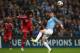 MANCHESTER, ENGLAND - OCTOBER 02: Dante of Muenchen battle with Alvaro Negredo of Manchester City during the UEFA Champions League Group D match between Manchester City and FC Bayern Muenchen at Etihad Stadium on October 2, 2013 in Manchester, England.