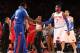 NEW YORK, NY - NOVEMBER 14: Teammates Amar'e Stoudemire #1 and Carmelo Anthony #7 of the New York Knicks high five during a game against the Houston Rockets at Madison Square Garden in New York City on November 14, 2013. NOTE TO USER: User expressly ackn