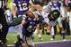 Jan. 3, 2013; Glendale, AZ, USA: Oregon Ducks defensive lineman Arik Armstead (9) tackles Kansas State Wildcats defensive end Ryan Mueller (44) in the end zone on a blocked extra point in the third quarter during the 2013 Fiesta Bowl at University of Phoe
