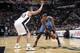 SAN ANTONIO, TX - January 22: Serge Ibaka #9 of the Oklahoma City Thunder controls the ball against the San Antonio Spurs at the AT&T Center on January 22, 2014 in San Antonio, Texas. NOTE TO USER: User expressly acknowledges and agrees that, by downloadi