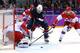 SOCHI, RUSSIA - FEBRUARY 15: James van Riemsdyk #21 of the United States shoots against Sergei Bobrovski #72 of Russia in the second period during the Men's Ice Hockey Preliminary Round Group A game on day eight of the Sochi 2014 Winter Olympics at Bolsho