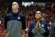 TUCSON, AZ - FEBRUARY 09: Kaleb Tarczewski #35 (L) and Nick Johnson #13 of the Arizona Wildcats stand before the start of a college basketball game against the Oregon State Beavers at McKale Center on February 9, 2014 in Tucson, Arizona. (Photo by Ralph