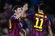 BARCELONA, SPAIN - FEBRUARY 15: Lionel Messi of FC Barcelona celebrates with his teammate Neymar after scoring his team's fifth goal during the La Liga match between FC Barcelona and Rayo Vallecano de Madrid at Camp Nou on February 15, 2014 in Barcelona,