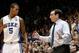 Jan 25, 2014; Durham, NC, USA; Duke Blue Devils head coach Mike Krzyzewski talks to Duke Blue Devils forward Rodney Hood (5) on the sidelines against the Florida State Seminoles at Cameron Indoor Stadium. Mandatory Credit: Mark Dolejs-USA TODAY Sports