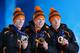 SOCHI, RUSSIA - FEBRUARY 09: (L-R) Silver medalist Jan Blokhuijsen of the Netherlands, gold medalist Sven Kramer of the Netherlands and bronze medalist Jorrit Bergsma of the Netherlands celebrate during the medal ceremony for the Men's 5000m Speed Skatin