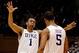 Feb 15, 2014; Durham, NC, USA; Duke Blue Devils forward Jabari Parker (1) and forward Rodney Hood (5) celebrate after beating the Maryland Terrapins 69-67 at Cameron Indoor Stadium. Mandatory Credit: Mark Dolejs-USA TODAY Sports