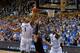DURHAM, NC - FEBRUARY 15: Jabari Parker #1 of the Duke Blue Devils blocks a shot by Evan Smotrycz #1 of the Maryland Terrapins during their game at Cameron Indoor Stadium on February 15, 2014 in Durham, North Carolina. Duke won 69-67. (Photo by Grant Ha